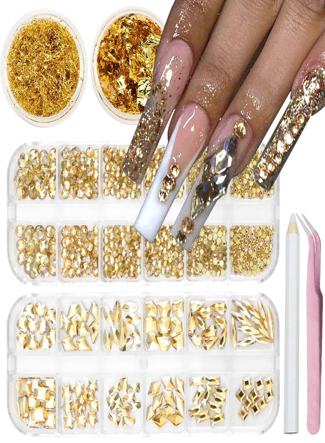 VOTACOS Nail Art Rhinestones Flatback Gold Nail Charms Multi Shapes Crystal Mixed Glitter Foil Design Gold Gems Accessories for Women Manicure Decorations Supplies - Image 1